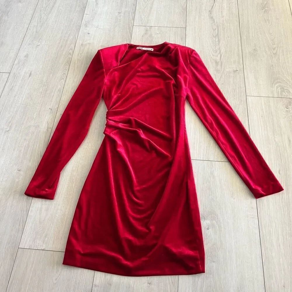 ZARA Red Velvet Draped Asymmetric Neck Padded Shoulders Long Sleeve Dress size x
